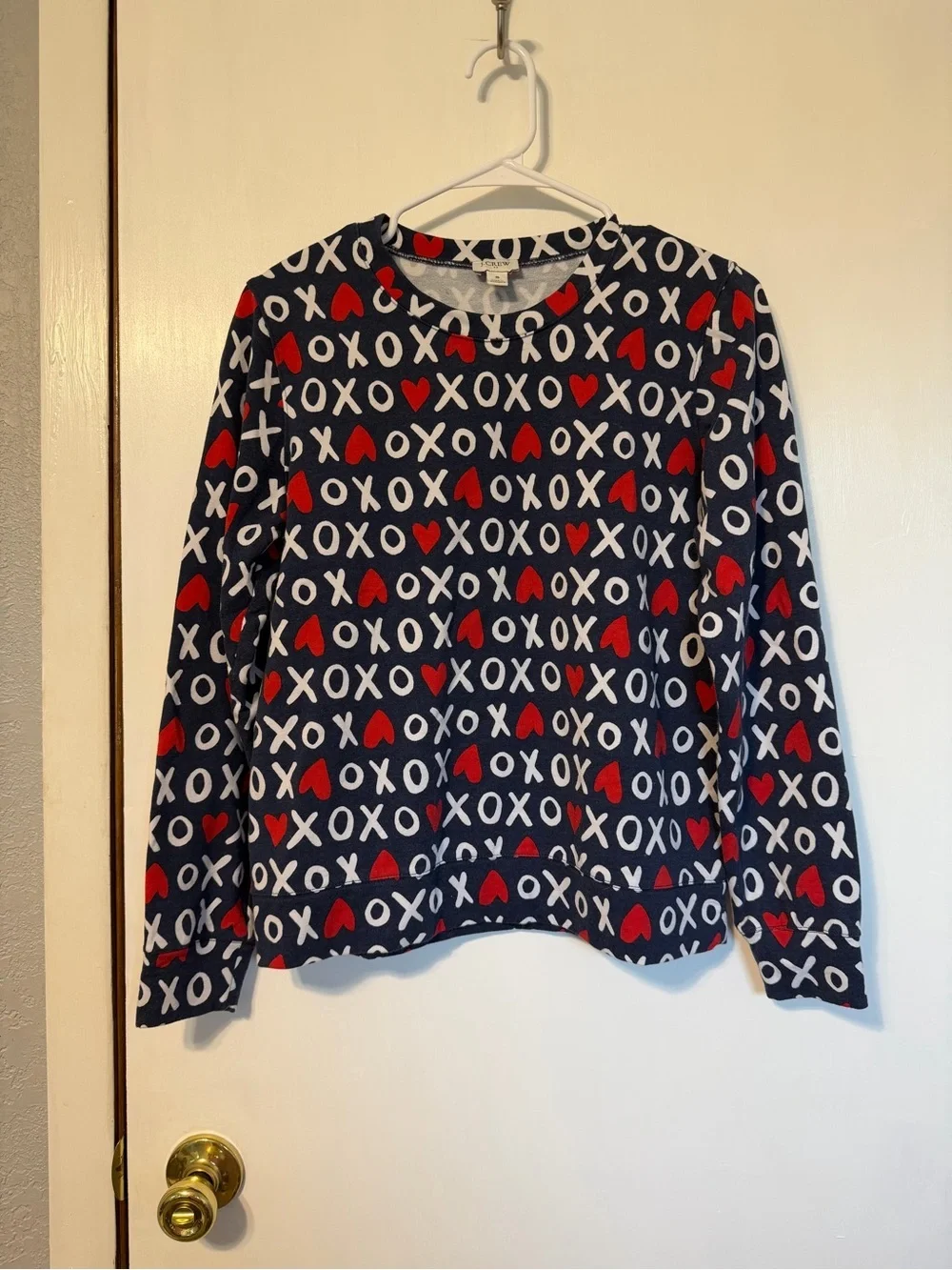 J. Crew Navy Crewneck Sweater with Red & White XOXO Heart Print